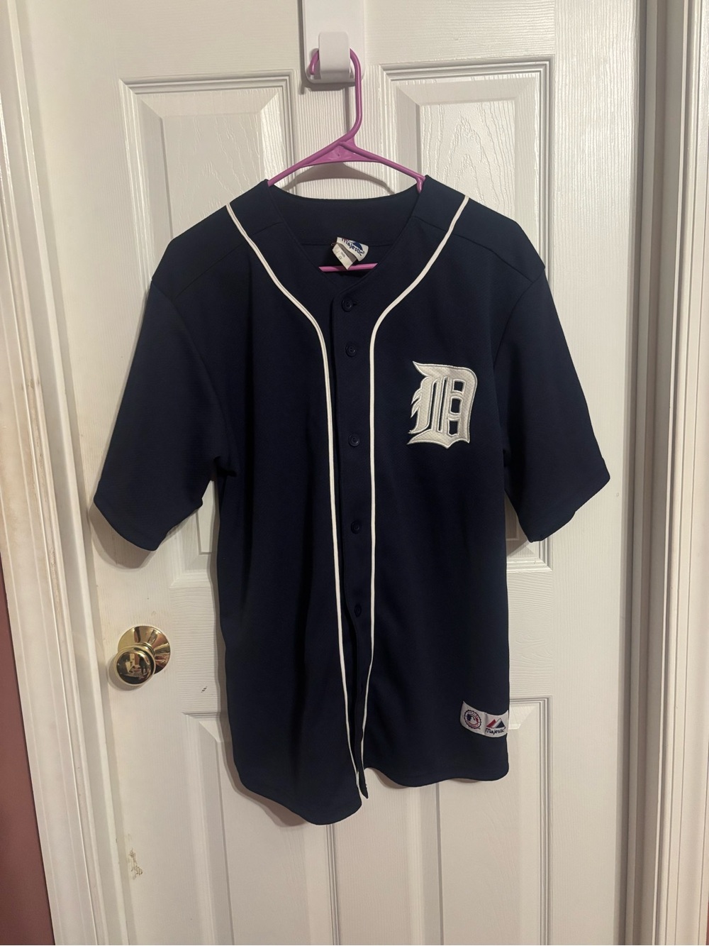 Majestic Navy and White Youth Baseball Jersey with 'D' Logo